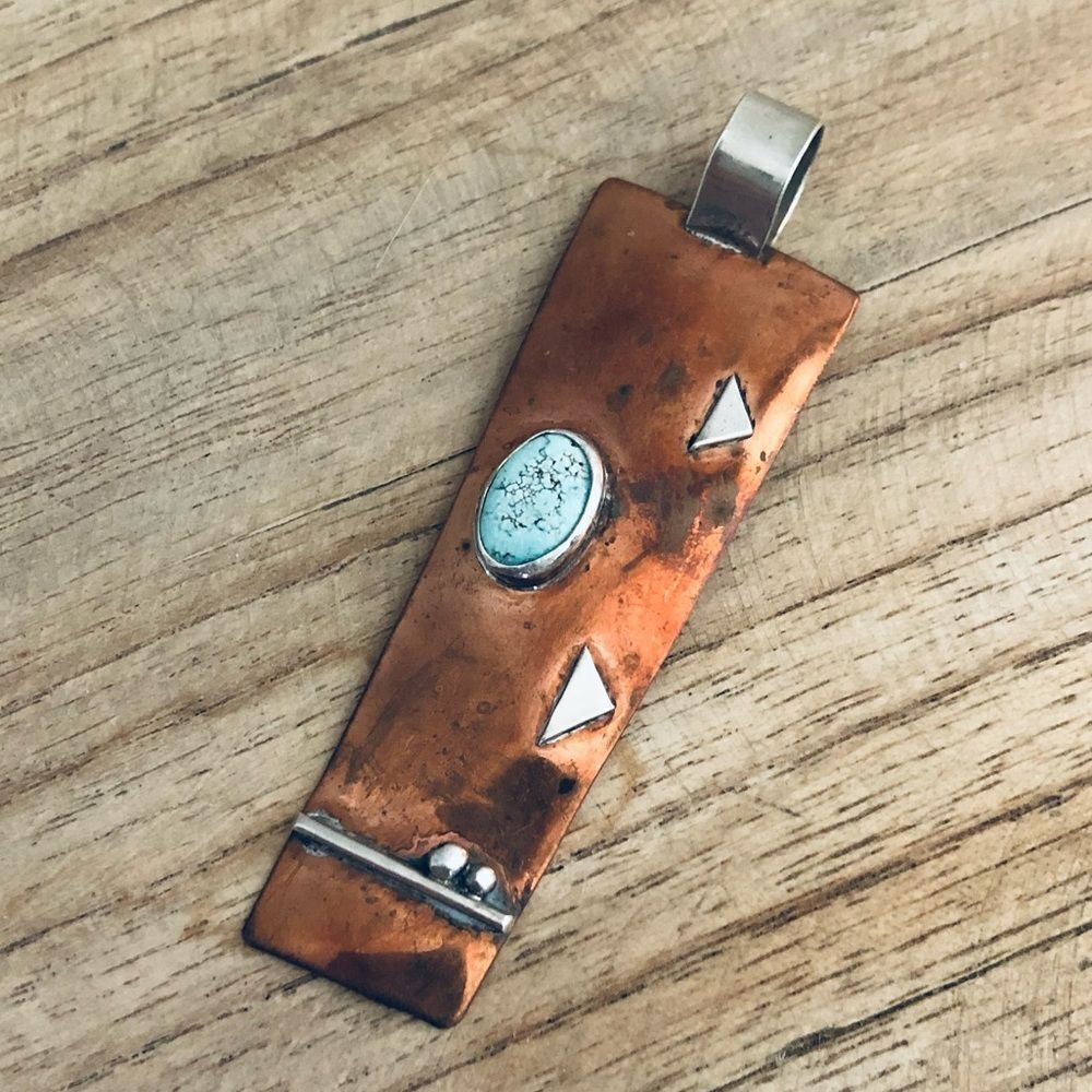 Copper Silver Turquoise Stone Metal Art Necklace Pendant